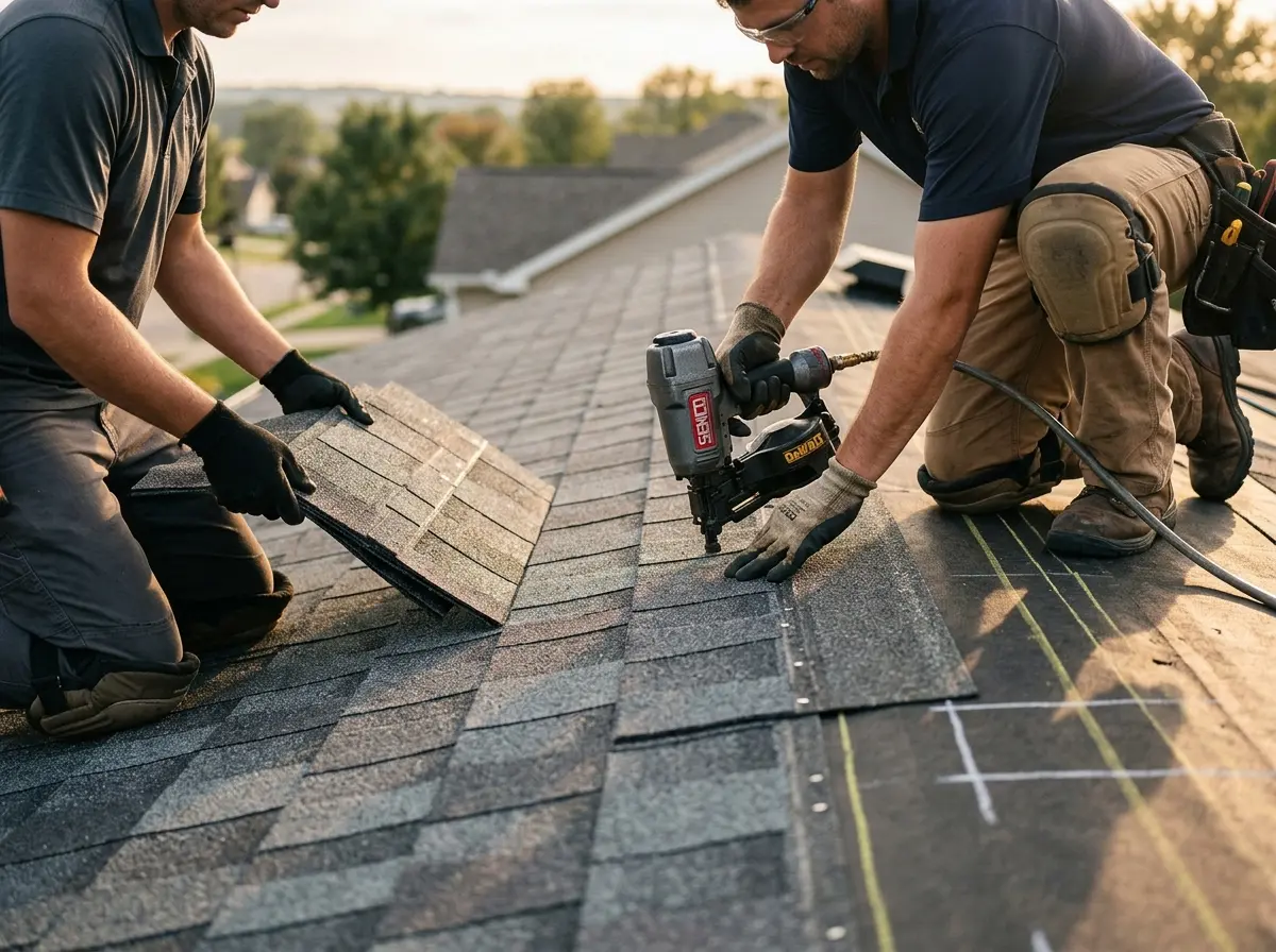 Professional roofer working on a residential roof in South Burlington